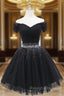 Black Tulle Off the Shoulder Pleats Beading Homeocming Dress