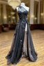 Black Tulle one Shoulder Appliques Split Prom Dresses