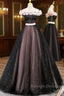Black Tulle & Pink Flowers Sparkle Prom Dresses