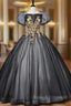 Black Tulle Puff Sleeve Appliques Sequins Quinceanera Dresses
