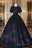 Black Tulle Puff Sleeve Backless Appliques Quinceanera Dress