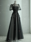 Black Tulle Puffy Short Sleeves A-Line Prom Dress, Black Evening Dress Party Dress