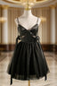 Black Tulle Satin Spaghetti Straps Pearls Homecoming Dress