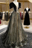 Black Tulle Sequins Long Prom Dress, Black A Line Formal Prom Dress