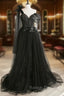 Black Tulle Sequins Long Prom Dress, Black One Shoulder Prom Dress