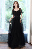 Black Tulle Sequins Long Prom Dresses Black Short Sleeve Prom Dresses