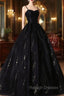 Black Tulle Sequins Long Prom Dress, Black Spaghetti Straps Prom Dress