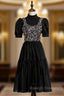 Black Tulle Sequins Short Sleeve Short Prom Dress