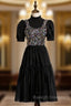 Black Tulle Sequins Short Sleeve Short Prom Dresses