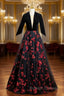 Black Tulle Sequins V Neck Short Sleeve Backless Prom Dresses