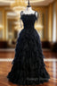 Black Tulle Spagehtti Straps Pleats Tiers Prom Dress
