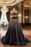 Black Tulle Strapless Pleats Beading Prom Dress