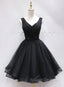 Black Tulle V Back Beaded Knee Length Homecoming Dresses Black Short Prom Dresses