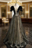 Black Tulle Velvet Backless Short Sleeve Prom Dresses