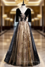 Black Tulle Velvet Short Sleeve Sequins Prom Dresses