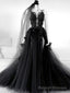 Black V Neck Backless Lace Wedding Dresses,Open Back Black Bridal Gowns