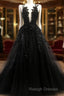 Black V Neck Lace Prom Dresses Long A Line Prom Dresses