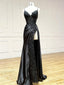Black V Neck Lace Satin Long Formal Prom Dress, Black Formal Prom Dress