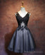 Black V Neck Lace Short Prom Dress, Black Prom Dress