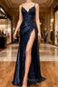Dark Blue V Neck Satin Lace Long Prom Dress, Dark Blue Lace Long Prom Dress
