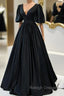 Black V Neck Satin Long Prom Dress, A Line Short Sleeve Prom Dress