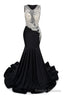 Black V Neck Sheer Corset Prom Dresses Beaded Mermaid Long Train Prom Gown
