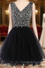 Black V Neck Tulle Beading Crystal Short Homecoming Dress