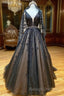 Black V Neck Tulle Lace Beads Long Prom Dress Black Evening Dress