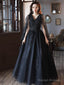 Black V Neck Tulle Lace Long Prom Dresses, Black Lace Formal Evening Dresses