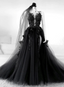 Black V-Neckline Backless Tulle With Lace Prom Dresses Black Long Prom Dresses