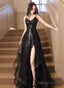 Black V-Neckline Tulle And Sequins Long Party Dress, Black Evening Dress Party Dress