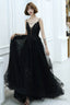 Black V-Neckline Tulle With Lace Applique Long Prom Dresses Black Prom Dresses