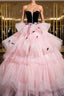 Black Velvet And Pink Tulle Strapless Ball Gown Pink Backless Ruffles Prom Dresses
