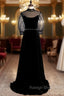 Black Velvet High Short Sleeve Backless Beading Prom Dress