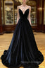 Black Velvet Long A-Line Prom Dress, V-Neck Backless Evening Formal Dress