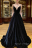 Black Velvet Long A Line Prom Dress, V Neck Backless Prom Formal Dress