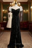 Black Velvet Puff Sleeve Pleats Prom Dress With Split