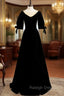 Black Velvet Short Sleeve Beading Prom Dress
