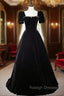 Black Velvet Short Sleeve Square Neck Crystal Prom Dress