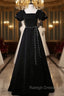 Black Velvet Short Sleeve Square Neck Pearls Prom Dress