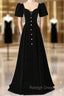 Black Velvet Short Sleeve Square Neck Prom Dress
