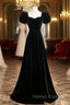 Black Velvet Short Sleeves Floor Length Long Prom Dress, Black Velvet Long Formal Prom Dresses
