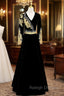Black Velvet V-neck Long Sleeve Gold Beading Prom Dress
