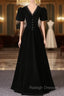 Black Velvet V Neck Short Sleeve Prom Dress