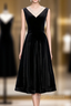 Black Velvet V Neck Short Sleeve Tea Length Prom Dress