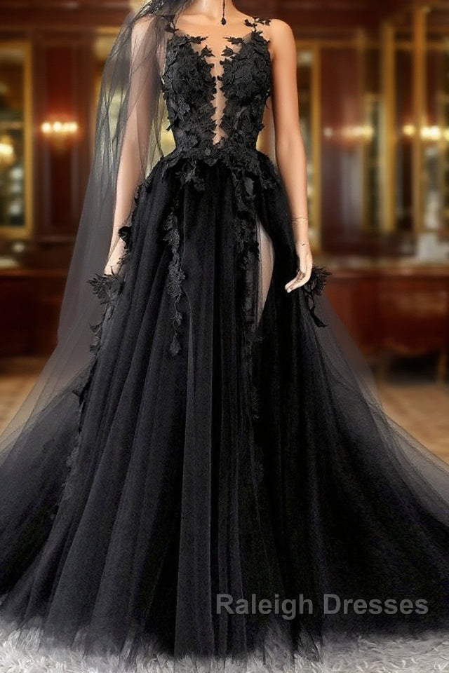 Black Lace Long Prom Dress, A-Line Backless Evening Dress – Raleigh Dresses