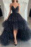 Bling Bling V Neck High Low Black Long Prom Dresses, Fluffy Black Formal Evening Dresses, Ball Gown