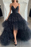Bling Bling V Neck High Low Black Long Prom Dress Fluffy Black Prom Dress Ball Gown