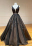 Black V Neck Lace Long Prom Dresses, A Line Prom Dresses