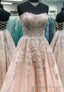 Pink Strapless Lace Long Prom Dresses, A Line Prom Dresses